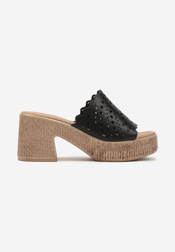 Renee - Czarne Klapki na Słupku i Platformie z Ażurową Cholewką Fovianne. Kolor: czarny. Materiał: len, jeans. Wzór: ażurowy. Obcas: na platformie. Styl: boho