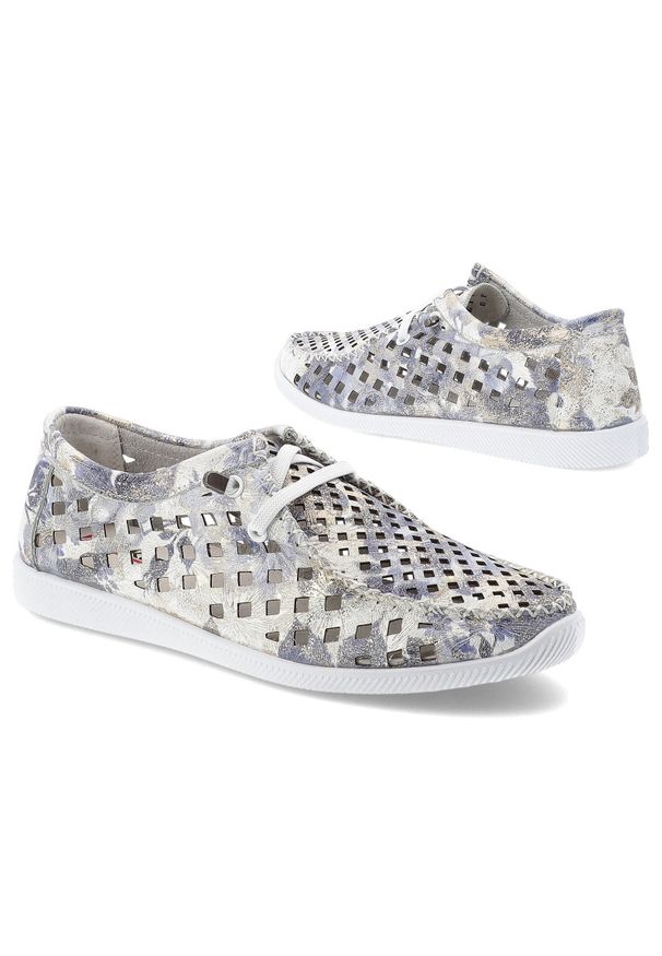 Półbuty damskie Artiker, cholewka ze skóry naturalnej licowej z ażurowymi wycięciami i nadrukiem na płaskiej podeszwie, białe, 58C0712. Kolor: biały. Materiał: skóra. Szerokość cholewki: normalna. Wzór: nadruk, ażurowy. Obcas: na płaskiej podeszwie