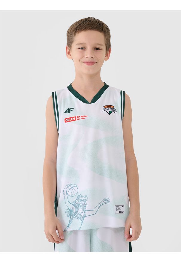 4f - 4F Koszulka meczowa replika domowa z sezonu 2024/25 dziecięca 4F x Zastal Zielona Góra - multikolor 146/152 (10-12 lat). Typ kołnierza: dekolt w serek. Kolor: wielokolorowy. Materiał: włókno, dzianina, syntetyk, materiał. Wzór: gładki, ze splotem, nadruk. Sezon: lato. Sport: fitness, koszykówka