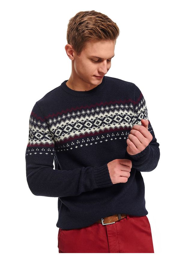 TOP SECRET - Sweter z norweskim wzorem. Kolor: niebieski. Materiał: wełna. Wzór: kolorowy. Sezon: zima, jesień. Styl: klasyczny