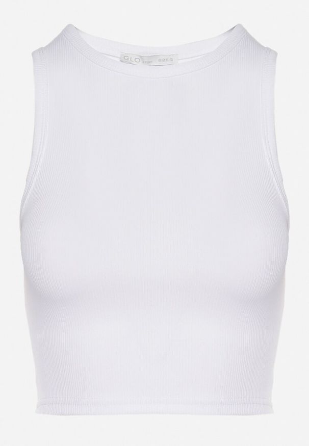 Born2be - Biały Krótki Tank Top z Prążkowanej Tkaniny Nevallia. Okazja: na co dzień. Kolor: biały. Materiał: tkanina, prążkowany. Długość: krótkie. Styl: klasyczny, casual, elegancki