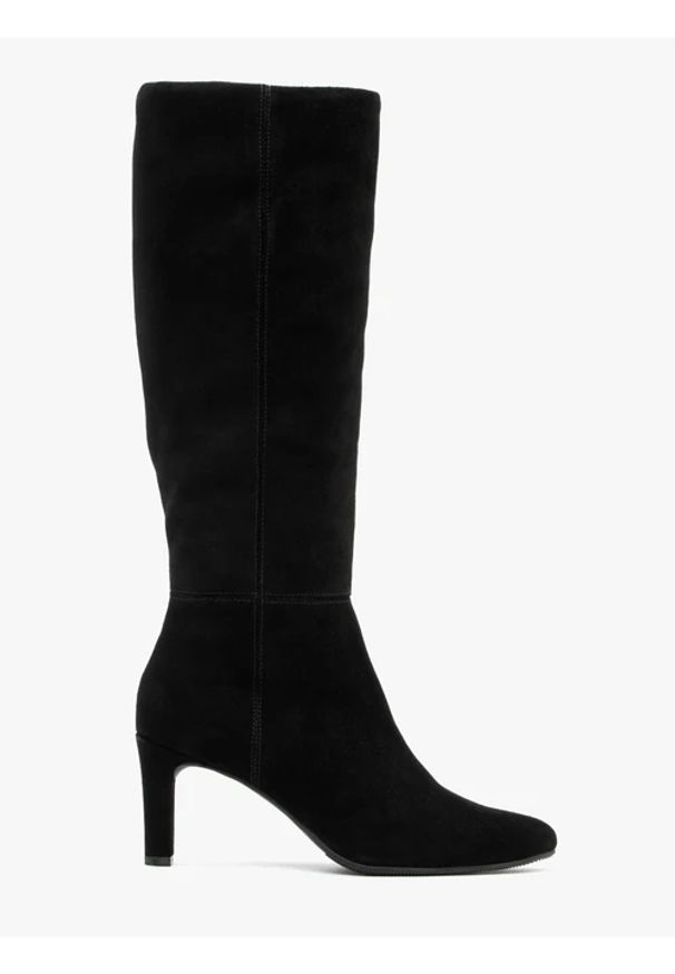 Ryłko - Czarne kozaki z szeroką cholewką. Zapięcie: zamek. Kolor: czarny. Materiał: skóra, welur. Szerokość cholewki: szeroka. Obcas: na obcasie. Styl: street, elegancki. Wysokość obcasa: średni