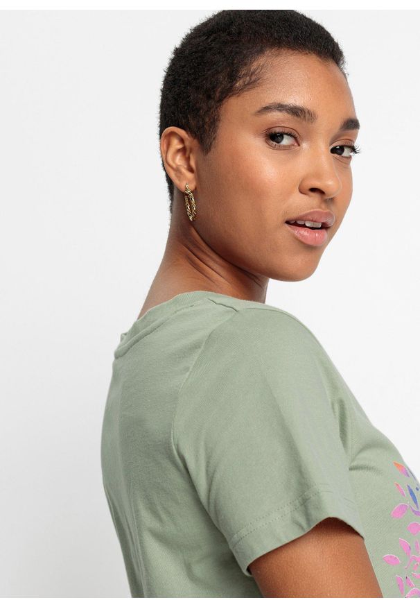 bonprix - T-shirt z nadrukiem z bawełny organicznej. Kolor: zielony. Materiał: bawełna. Wzór: nadruk