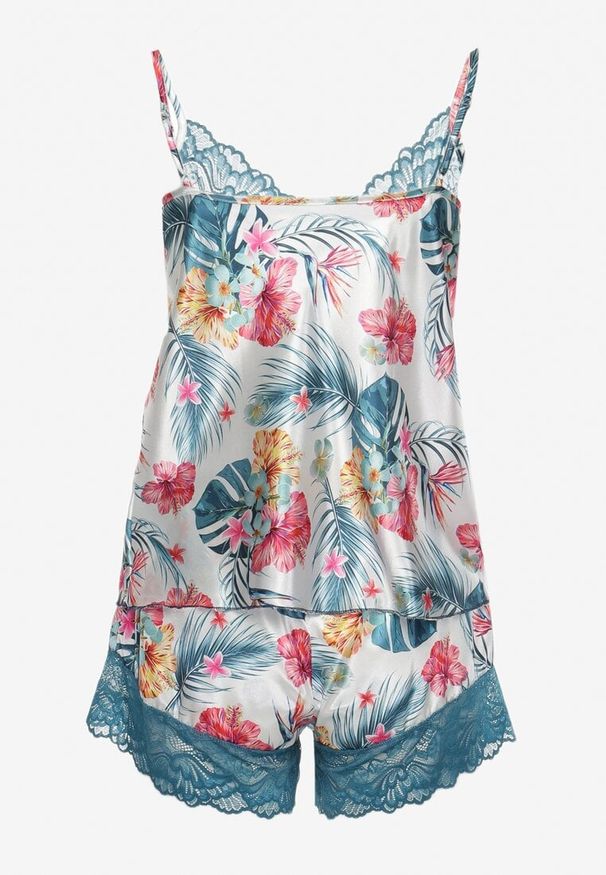 Born2be - Niebiesko-Biały Komplet Piżamowy Koszulka na Cienkich Ramiączkach z Koronką i Szorty z Gumką Fastaria. Kolekcja: plus size. Kolor: niebieski. Materiał: koronka. Wzór: koronka