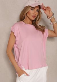 Renee - Różowy Bawełniany T-shirt z Rozcięciami przy Rękawach Katilana. Okazja: na co dzień. Kolor: różowy. Materiał: bawełna. Styl: klasyczny, casual #4