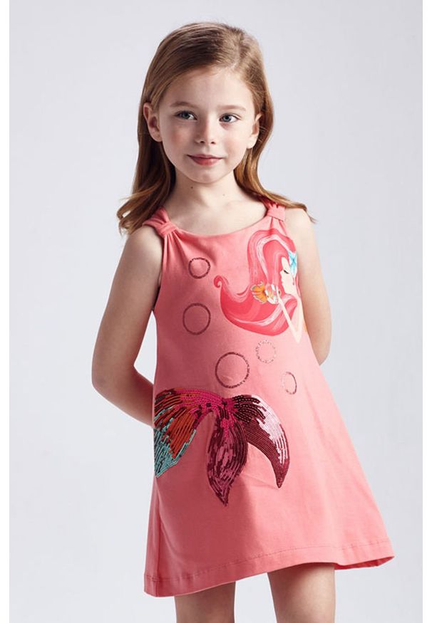 Mayoral - Sukienka dziecięca. Kolor: różowy. Materiał: bawełna, dzianina, elastan. Długość rękawa: na ramiączkach. Wzór: aplikacja. Typ sukienki: rozkloszowane. Długość: mini
