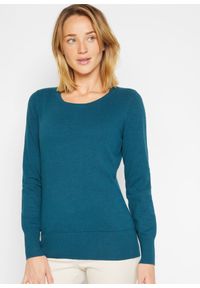 bonprix - Sweter basic z bawełny z recyklingu. Okazja: na co dzień. Kolor: zielony. Materiał: bawełna. Wzór: prążki, ze splotem, gładki. Styl: casual