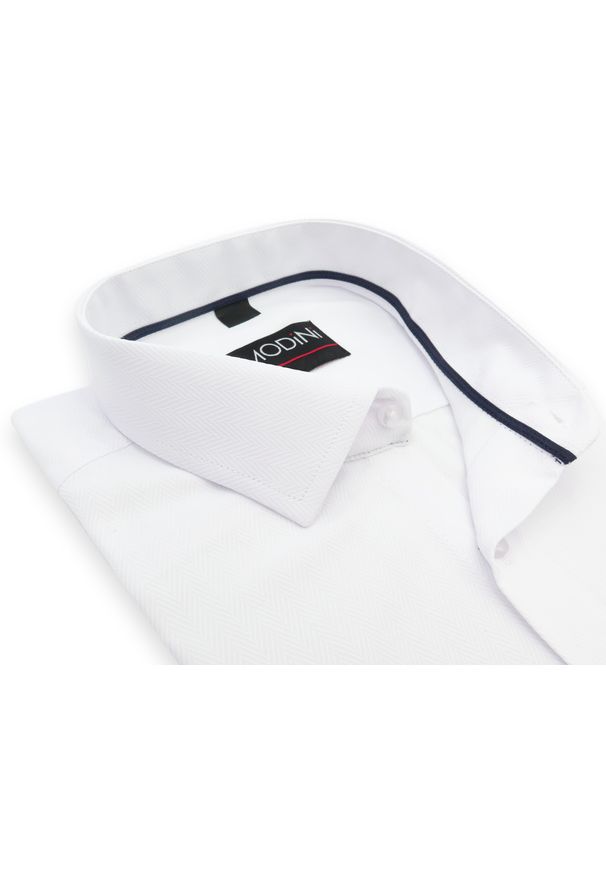 Modini - Biała koszula z krótkim rękawem w jodełkę YK11. Kolor: biały. Materiał: bawełna, poliester, tkanina. Długość rękawa: krótki rękaw. Długość: krótkie. Wzór: jodełka