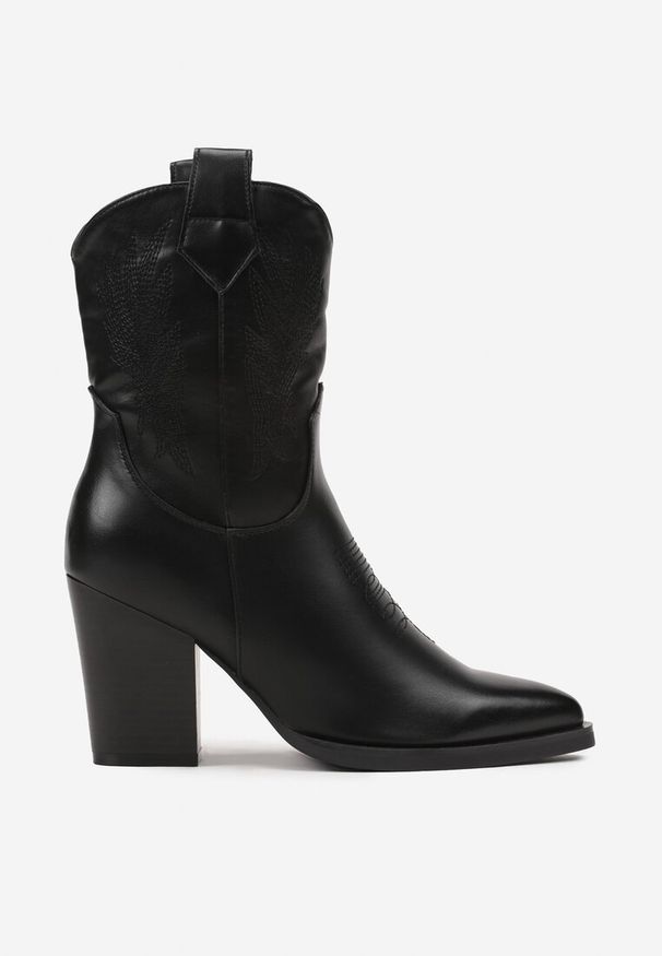 Renee - Czarne Botki na Słupku w Stylu Kowbojek Ozdobione Haftem Merisetta. Kolor: czarny. Materiał: jeans. Wzór: aplikacja, haft. Obcas: na słupku. Styl: elegancki, klasyczny. Wysokość obcasa: średni