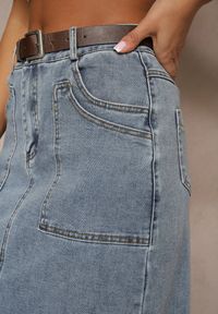 Renee - Niebieska Ołówkowa Spódnica Jeansowa z Dodatkowym Paskiem z Klamrą Malirae. Okazja: na co dzień. Kolor: niebieski. Materiał: jeans. Styl: klasyczny, casual, elegancki