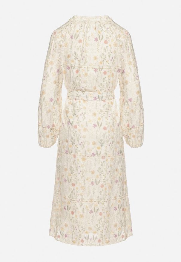 Born2be - Beżowa Rozkloszowana Sukienka w Kwiaty z Paskiem w Talii Dimtia. Okazja: na co dzień. Typ kołnierza: dekolt w kształcie V. Kolor: beżowy. Wzór: kwiaty. Sezon: wiosna, lato. Typ sukienki: proste. Styl: casual, elegancki