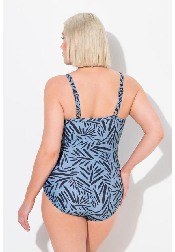 ULLA POPKEN - Damski Kostium kąpielowy liście miękkie miseczki cienkie ramiączka z recyklingu. Kolekcja: plus size. Kolor: niebieski. Materiał: poliamid, materiał, elastan