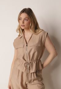 Born2be - Beżowy Wiskozowy Komplet w Stylu Safari Spodnie i Bluzka na Suwak z Wiązaniem Iphisei. Kolor: beżowy. Materiał: wiskoza #5