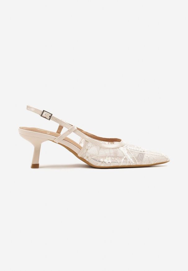 Born2be - Beżowe Sandały Slingback z Eleganckiej Koronki na Obcasie Typu Kaczuszka Narlevi. Okazja: na co dzień. Nosek buta: szpiczasty. Zapięcie: pasek. Kolor: beżowy. Wzór: koronka. Materiał: koronka. Obcas: na obcasie. Styl: elegancki. Wysokość obcasa: średni