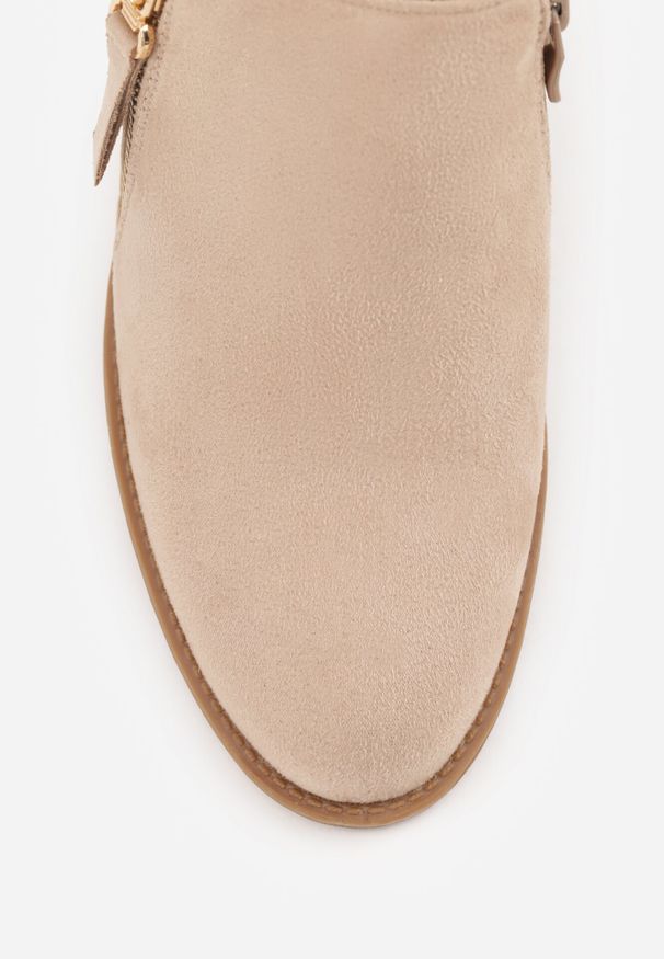 Born2be - Ciemnobeżowe Półbuty na Niskim Słupku z Ozdobnym Suwakiem Aricca. Okazja: na co dzień. Kolor: beżowy. Materiał: jeans. Obcas: na słupku. Styl: elegancki, casual