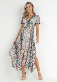 Born2be - Beżowo-Zielona Sukienka Maxi z Asymetrycznym Dołem w Kwiaty Angla. Okazja: na co dzień. Typ kołnierza: dekolt w kształcie V. Kolor: beżowy. Długość rękawa: krótki rękaw. Wzór: kwiaty. Typ sukienki: asymetryczne. Styl: casual. Długość: maxi #5