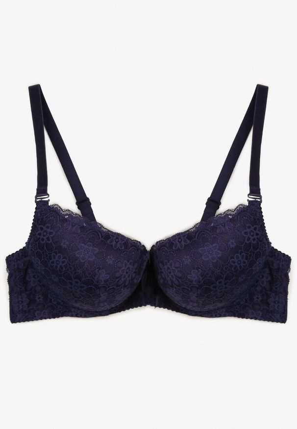 Renee - Granatowy Biustonosz z Efektem Push Up z Delikatną Koronką Xilemia. Kolor: niebieski. Materiał: koronka. Rodzaj stanika: push-up. Wzór: koronka