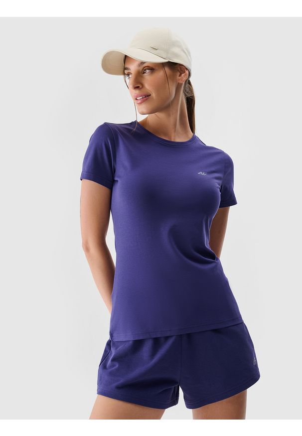 4f - 4F T-shirt slim gładki damski - granatowy S. Okazja: na co dzień. Kolor: niebieski. Materiał: dzianina, elastan, materiał, bawełna, jersey. Długość rękawa: krótki rękaw. Długość: krótkie. Wzór: gładki. Sezon: lato. Styl: casual, klasyczny, sportowy