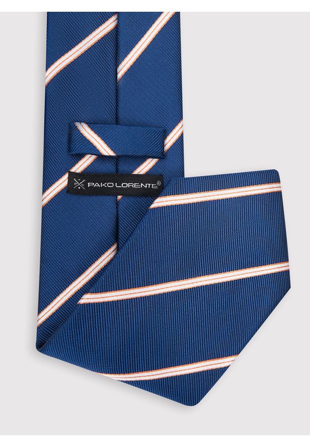 Pako Lorente - PAKO LORENTE - Granatowy krawat męski w skośne paski. Kolor: niebieski. Materiał: poliester. Wzór: paski