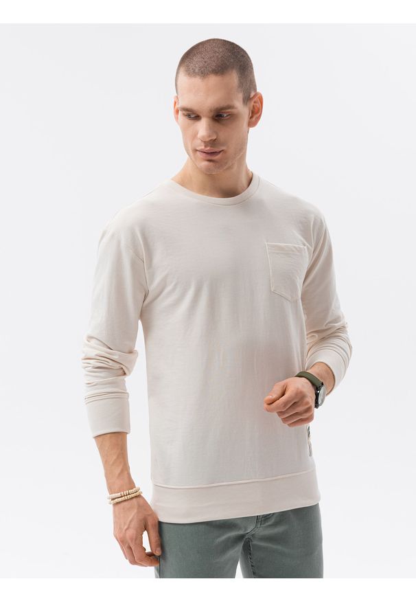 Ombre Clothing - Bluza męska bez kaptura B1149 - ecru - XXL. Typ kołnierza: bez kaptura. Materiał: poliester, jeans, materiał, bawełna. Wzór: melanż