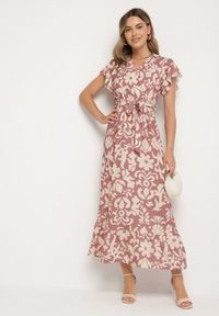 Born2be - Ciemnobeżowa Sukienka o Rozkloszowanym Kroju w Kwiaty Ozdobiona Paskiem Nilatra. Okazja: na co dzień. Kolor: beżowy. Długość rękawa: krótki rękaw. Wzór: aplikacja, kwiaty. Sezon: lato. Typ sukienki: rozkloszowane. Styl: casual, elegancki #5