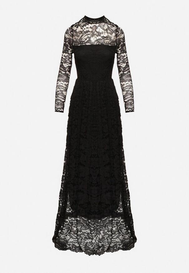 Born2be - Czarna Rozkloszowana Sukienka z Koronki ze Stójką i Gumką w Talii Delaviae. Okazja: na co dzień, na imprezę. Typ kołnierza: kołnierzyk stójkowy. Kolor: czarny. Materiał: koronka. Wzór: koronka. Styl: casual, elegancki