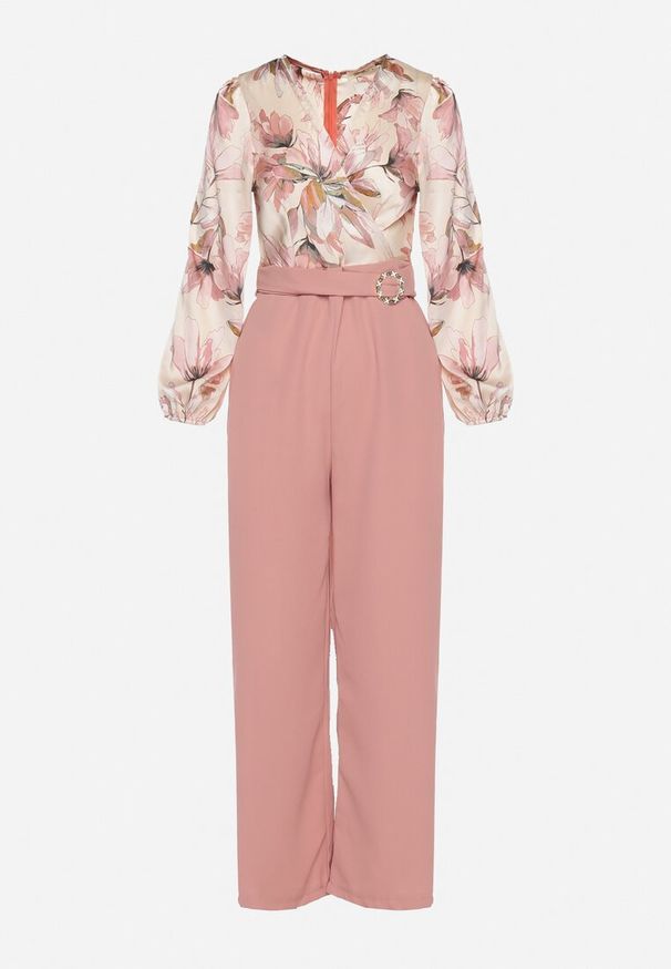 Born2be - Różowy Kombinezon z Szerokimi Nogawkami z Kwiatową Górą i Paskiem z Klamrą Ilanvi. Okazja: na co dzień. Kolor: różowy. Długość rękawa: długi rękaw. Długość: długie. Wzór: kwiaty. Styl: casual