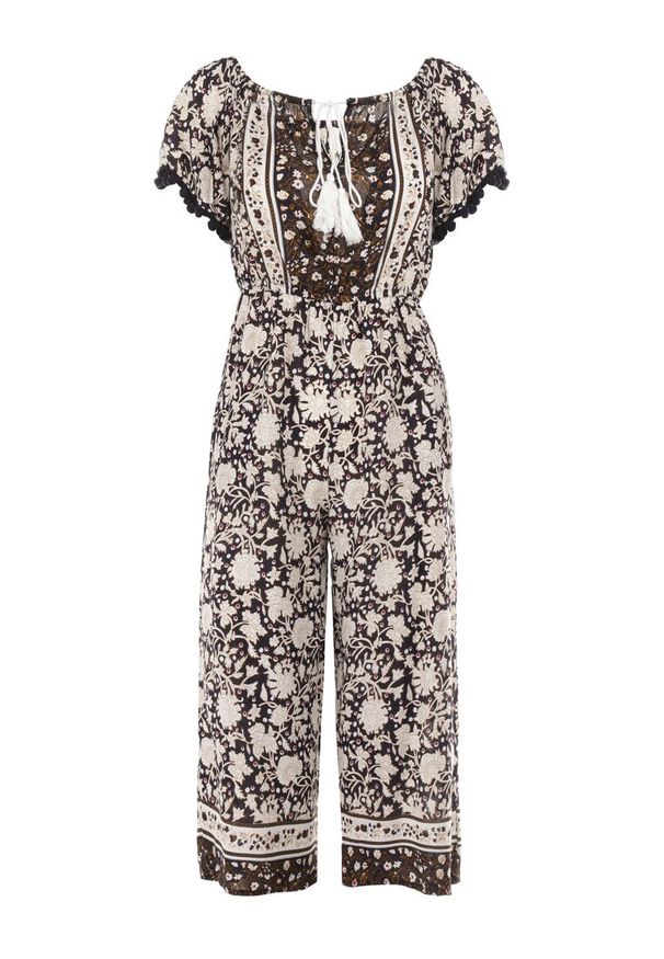 Born2be - Czarny Kombinezon Hesonia. Kolor: czarny. Długość rękawa: krótki rękaw. Długość: krótkie. Wzór: aplikacja, kwiaty, ażurowy. Styl: boho, wakacyjny