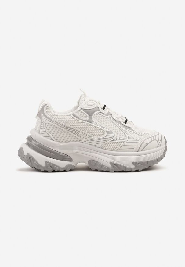 Born2be - Białe Sneakersy na Grubej Podeszwie Ozdobione Geometrycznym Motywem Mevillia. Okazja: na co dzień, na spacer. Kolor: biały. Wzór: geometria, aplikacja. Sport: turystyka piesza