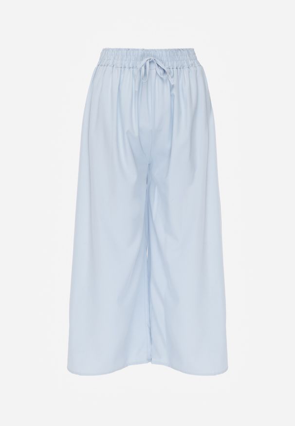 Renee - Jasnoniebieskie Spodnie High Waist z Szerokimi Nogawkami z Wiskozą Wykończone Gumką w Talii Crisantas. Okazja: na spotkanie biznesowe, na co dzień, na spacer. Stan: podwyższony. Kolor: niebieski. Materiał: wiskoza. Styl: elegancki, biznesowy, casual