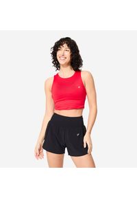 DOMYOS - Koszulka fitness damska Domyos bez rękawów crop top. Kolor: czerwony. Materiał: materiał, poliester, elastan. Długość rękawa: bez rękawów. Sport: fitness