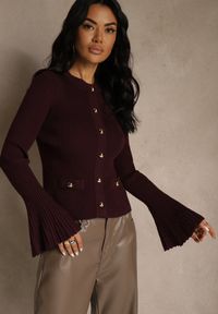 Renee - Bordowy Elegancki Prążkowany Kardigan z Wiskozą Guzikami i Rozszerzanymi Rękawami Otila. Okazja: na co dzień. Kolor: czerwony. Materiał: prążkowany, wiskoza. Styl: elegancki #3