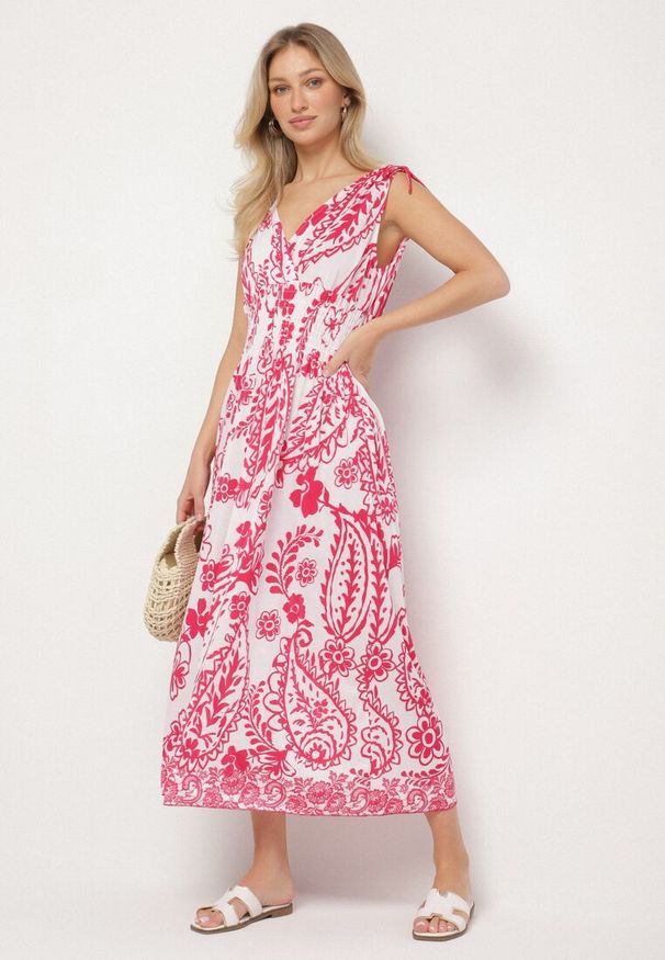 Born2be - Różowa Sukienka z Roślinnym Wzorem i Kopertowym Dekoltem z Gumką w Talii Orrune. Okazja: na co dzień, na spotkanie biznesowe, do pracy. Typ kołnierza: dekolt kopertowy. Kolor: różowy. Materiał: jeans. Sezon: lato. Typ sukienki: kopertowe. Styl: casual, biznesowy, klasyczny