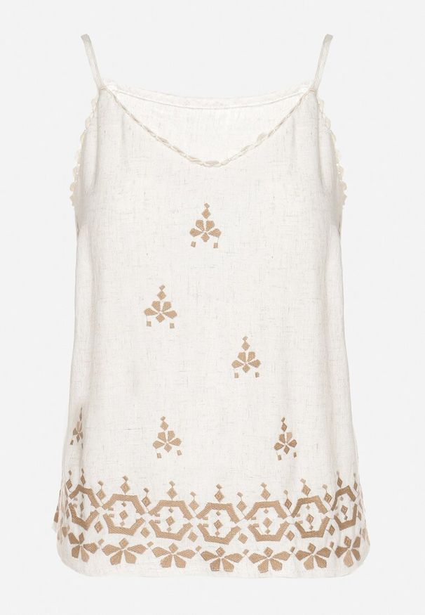 Born2be - Beżowy Top z Lnem i Wiskozą z Haftem w Stylu Boho Ronira. Okazja: na co dzień. Kolor: beżowy. Materiał: len, wiskoza. Długość rękawa: na ramiączkach. Wzór: haft. Sezon: lato. Styl: boho