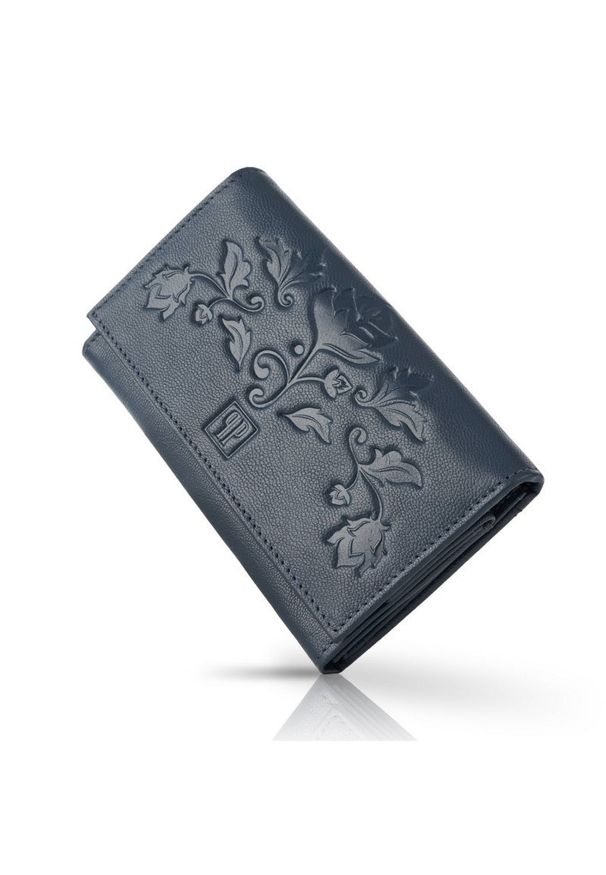 Portfel skórzany PAOLO PERUZZI T-45-DB granatowy. Kolor: niebieski. Materiał: skóra. Wzór: kwiaty