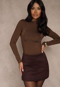 Renee - Brązowe Spódnico-Spodenki z Ozdobną Imitacją Kieszeni Sewressa. Kolor: brązowy. Materiał: koronka. Styl: klasyczny, elegancki #1