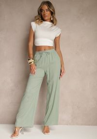 Renee - Zielone Spodnie z Lnem o Szerokim Kroju z Gumką w Talii Filarive. Okazja: na co dzień. Kolor: zielony. Materiał: len. Sezon: lato, wiosna. Styl: elegancki, casual