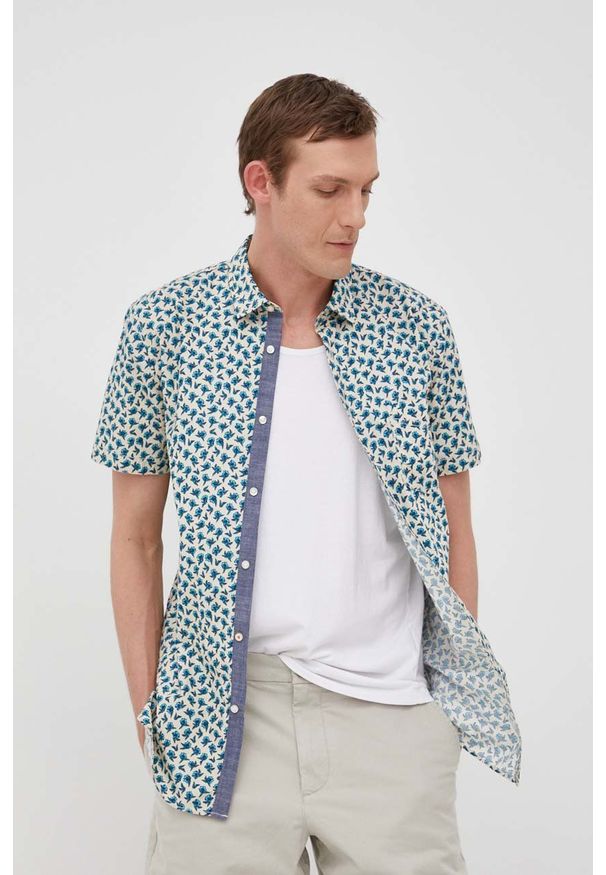 BOSS koszula BOSS CASUAL męska kolor beżowy slim z kołnierzykiem klasycznym. Okazja: na co dzień. Typ kołnierza: kołnierzyk klasyczny. Kolor: beżowy. Materiał: materiał. Długość rękawa: krótki rękaw. Długość: krótkie. Styl: klasyczny, casual