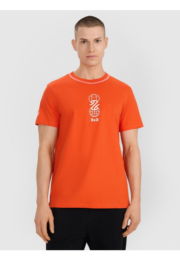 4f - 4F T-shirt regular z nadrukiem męski - pomarańczowy XXL. Okazja: na co dzień. Kolor: pomarańczowy. Materiał: bawełna, jersey. Wzór: nadruk. Styl: sportowy, casual, elegancki, street, klasyczny