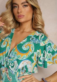 Renee - Zielona Rozkloszowana Sukienka z Bawełny o Kopertowym Kroju w Print Paisley Piavella. Okazja: na co dzień. Kolor: zielony. Materiał: bawełna. Wzór: paisley, nadruk. Typ sukienki: kopertowe. Styl: elegancki, casual #3