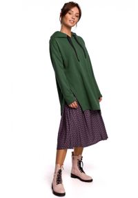 BE - Hoodie długa bluza damska oversize z kapturem asymetryczna zielona. Okazja: do pracy, na co dzień. Typ kołnierza: kaptur. Kolor: zielony. Materiał: jeans, bawełna, dresówka, dzianina. Długość: długie. Styl: casual #3