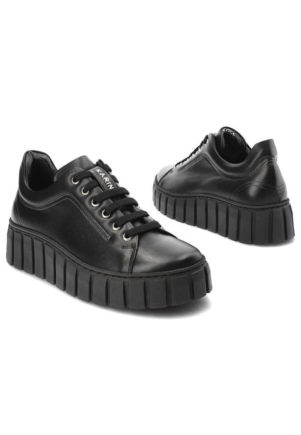 Czarne Sneakersy Karino Wygodne Skórzane Buty Damskie. Zapięcie: sznurówki. Kolor: czarny. Materiał: skóra. Szerokość cholewki: normalna