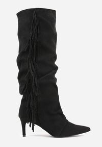 Born2be - Czarne Marszczone Kozaki z Imitacji Zamszu na Niskiej Szpilce z Frędzlami Linonra. Okazja: na randkę. Zapięcie: bez zapięcia. Kolor: czarny. Materiał: zamsz. Wzór: aplikacja. Sezon: zima, jesień. Styl: klasyczny, elegancki #7