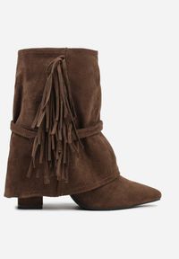 Born2be - Brązowe Botki w Stylu Boho z Wywiniętą Cholewką i Frędzlami Harile. Okazja: na co dzień. Kolor: brązowy. Materiał: jeans. Szerokość cholewki: normalna. Wzór: haft. Styl: boho #4