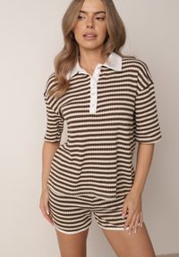 Born2be - Beżowo-Brązowy Dzianinowy Komplet Oversize w Paski Koszulka Polo i Szorty Tesanore. Kolor: beżowy. Materiał: dzianina. Wzór: paski #1