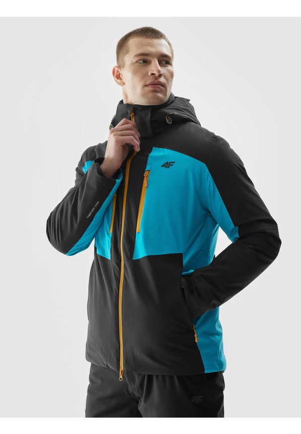 4f - Kurtka narciarska membrana 10000 męska - turkusowa. Kolor: turkusowy. Materiał: materiał, syntetyk, mesh. Sezon: zima. Sport: narciarstwo