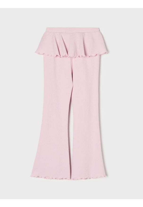 Sinsay - Prążkowane spodnie flare z ozdobną falbanką - różowy. Kolor: różowy. Materiał: prążkowany