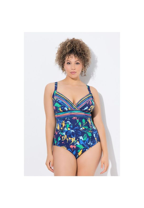 ULLA POPKEN - Damski Strój kąpielowy miękkie miseczki dekolt w serek siateczka Powermesh. Kolekcja: plus size. Kolor: niebieski. Materiał: poliester, poliamid, materiał, elastan