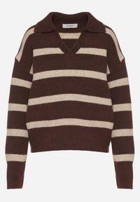 Born2be - Brązowy Sweter w Paski z Wełną i Dekoltem z Kołnierzykiem Tevana. Okazja: na co dzień. Typ kołnierza: dekolt w serek. Kolor: brązowy. Materiał: wełna. Wzór: paski. Styl: elegancki, casual, klasyczny #6