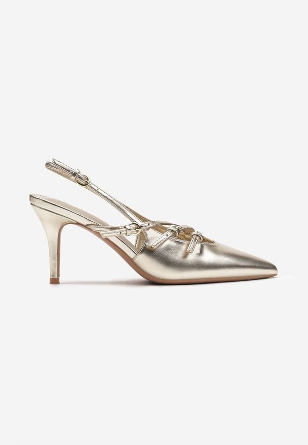 Born2be - Złote Sandały z Ekoskóry na Szpilce z Odkrytą Piętą i Regulowanymi Paskami Ellada. Zapięcie: pasek. Kolor: złoty. Materiał: koronka. Sezon: lato. Obcas: na szpilce